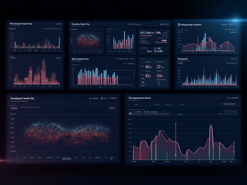 Real-time analytics dashboard showing multiple visualization widgets including time-series charts, heatmaps, and KPI counters