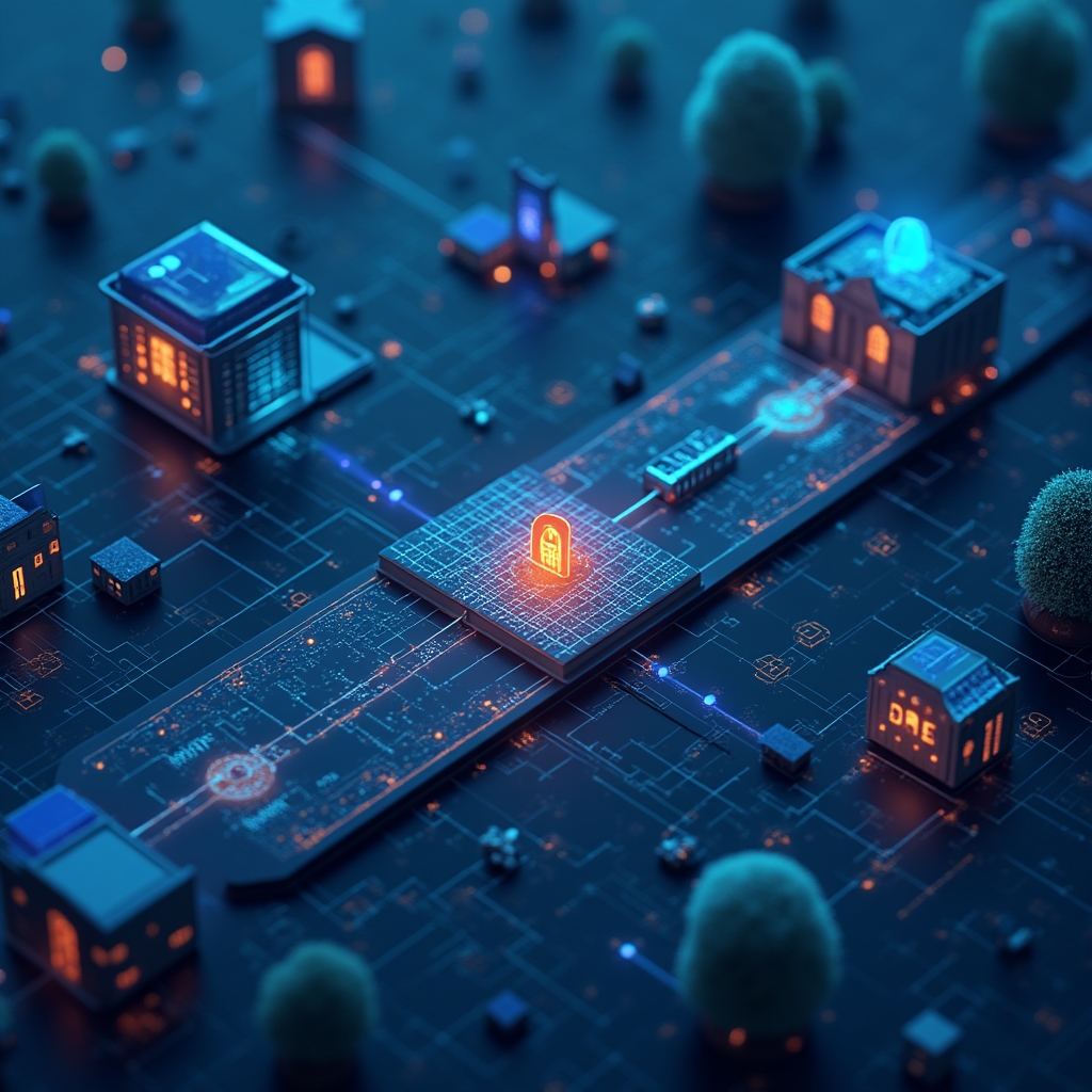 Visualization of data security measures showing encrypted data packets and authentication gateways within the IoT network