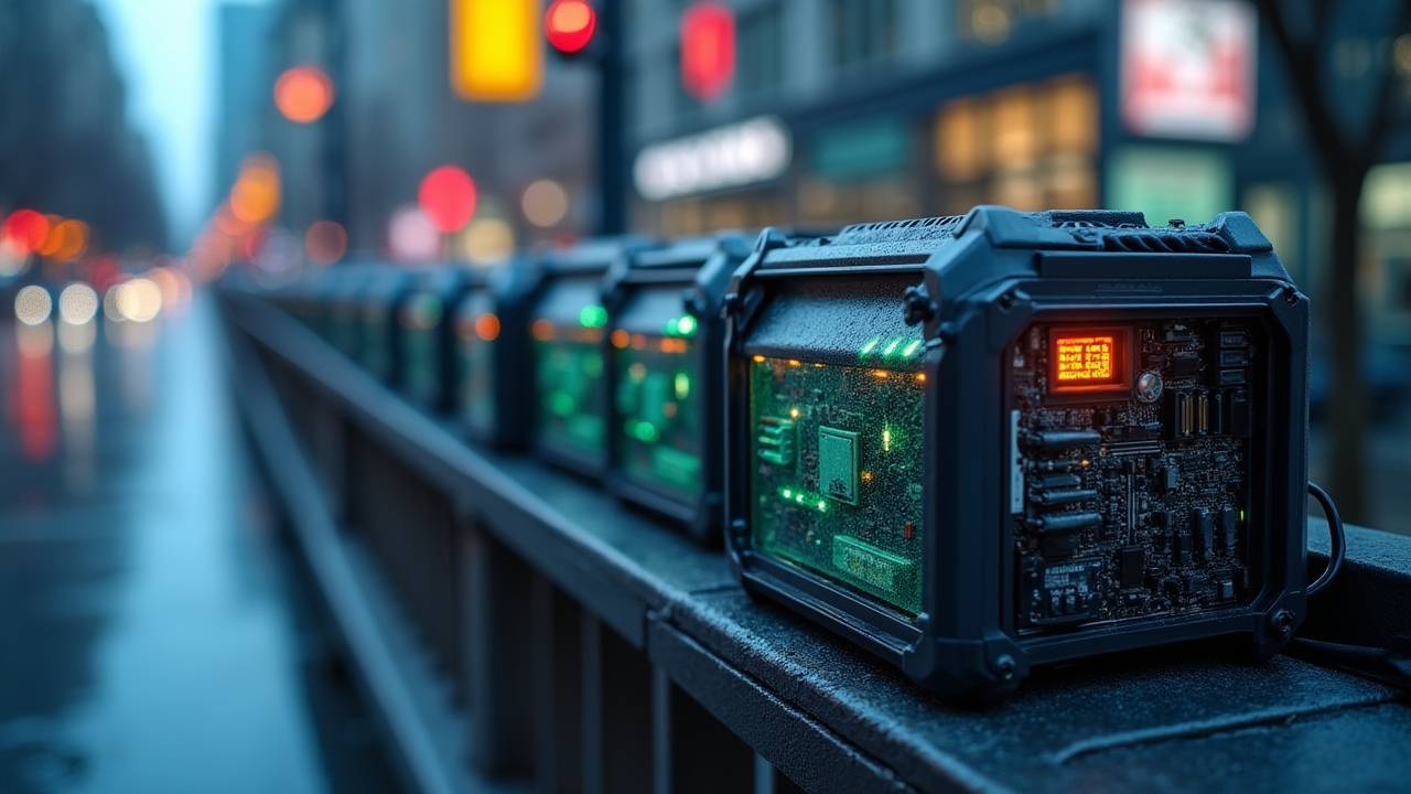 Close-up of edge computing hardware deployed in a smart city environment with visible cooling systems and connectivity arrays