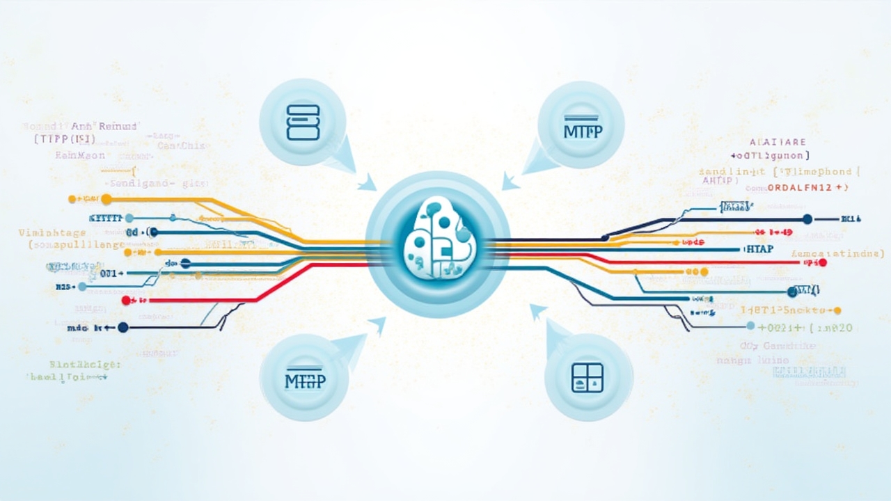 Visualization of protocol bridges connecting different IoT communication standards with data streams transforming between formats