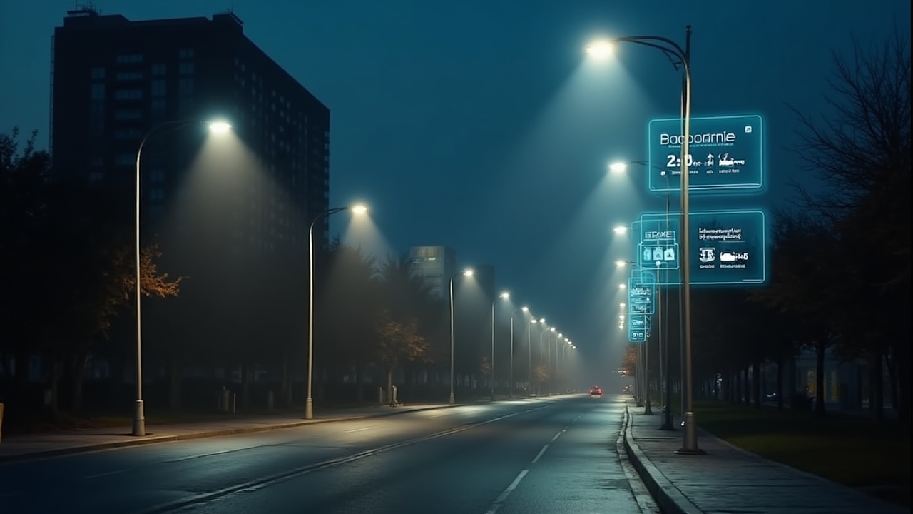 Smart lighting system visualization showing adaptive brightness control and predictive maintenance for street lamps