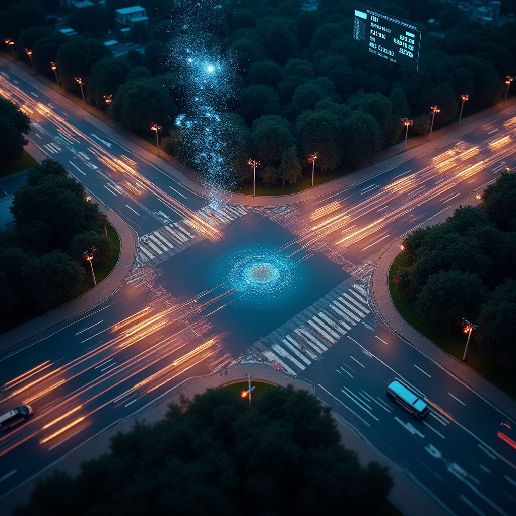 Traffic monitoring visualization showing real-time flow analysis and signal optimization at urban intersections