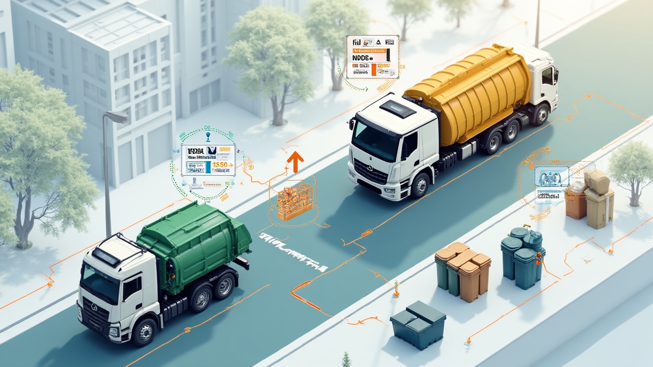 Waste management system showing fill level monitoring and optimized collection routing based on predictive algorithms