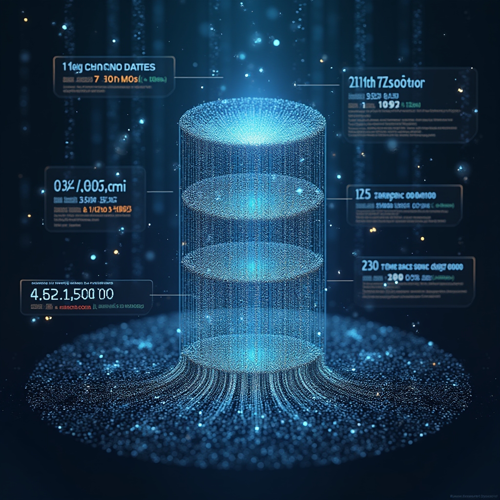 Visualization of time-series database structure showing data points organized in temporal sequences with compression algorithms condensing older data